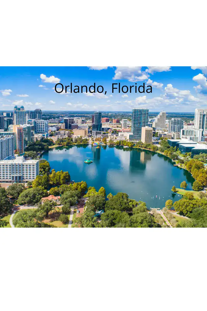 Aerial view of Orlando skyline with Lake Eola in the foreground, sunny day, vibrant cityscape.